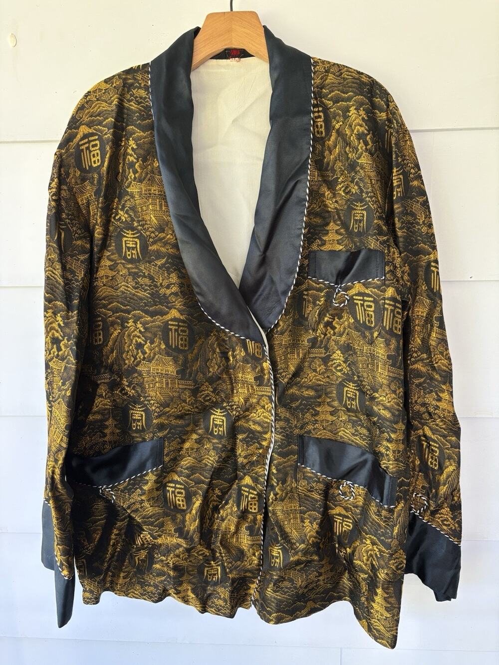 Vintage Smoking Jacket Gold Black Western Robe Japan Jola Size XL (no sash)